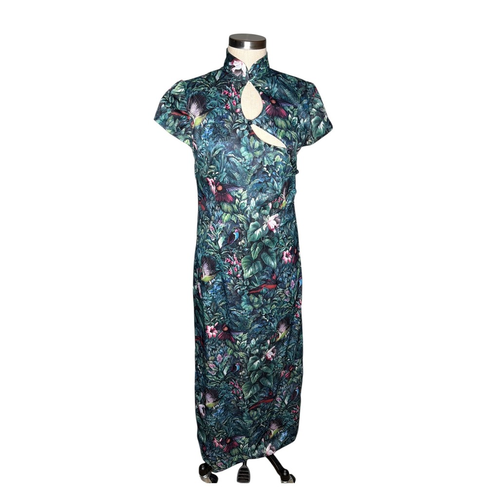 Vintage Susie Sunshine Asian Cheongsam Maxi Dress Green Hummingbird Print